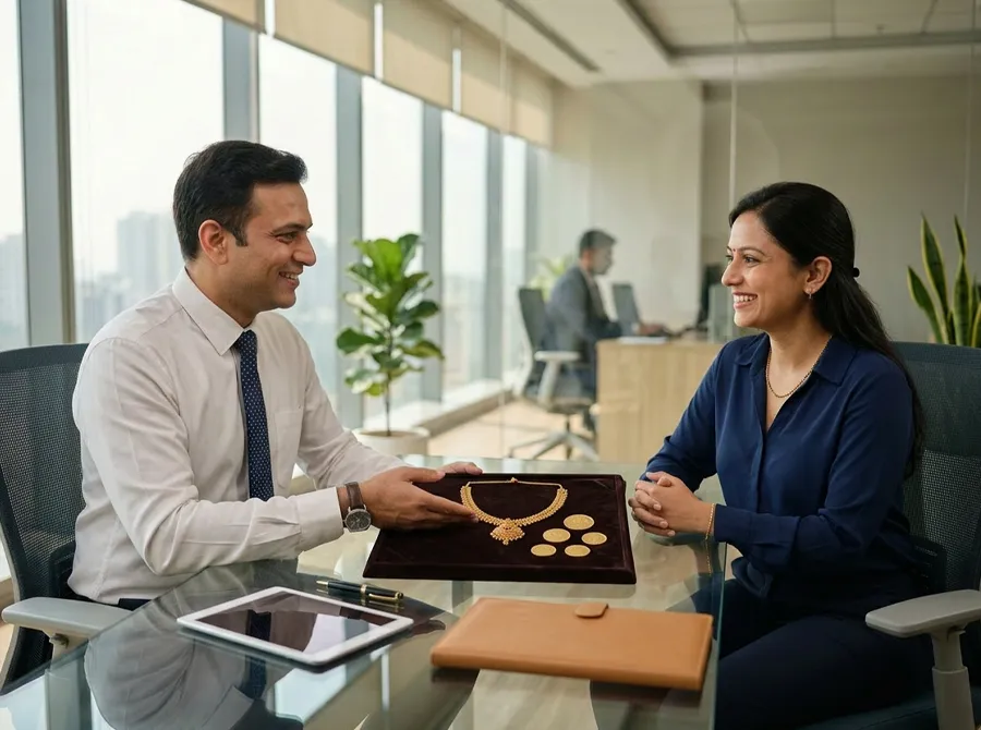 A GoldExa associate presenting a certified gold jewellery collection to a customer