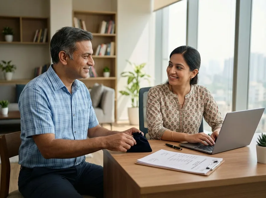 A GoldExa associate discussing a gold loan with a customer at a branch